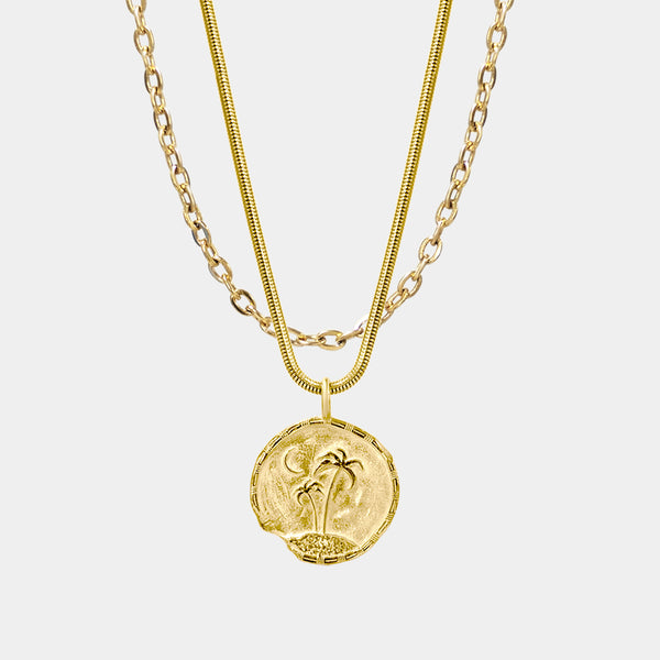 Layered Set Palm Coin Pendant Gold X Crossed Chain Gold