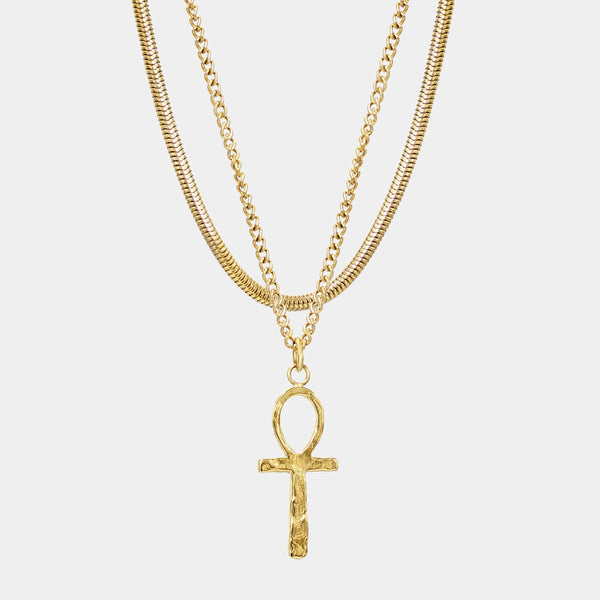 Layered Set Ankh Pendant Gold X Bali Chain Gold